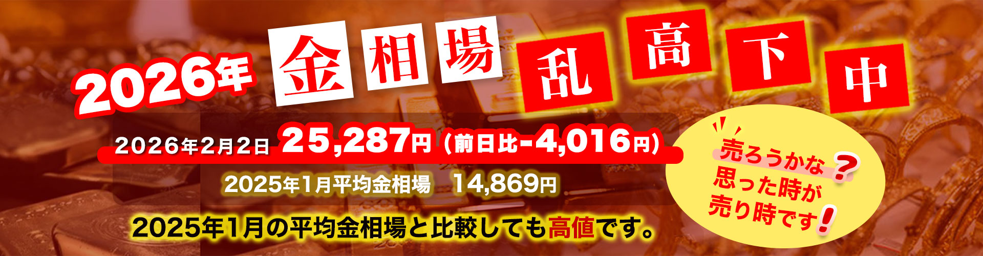 2026年の金相場の乱高下を伝える広告風。2026年2月2日、金価格は25,287円（前日比−4,016円）と表示。帯の文字が目立つ。
